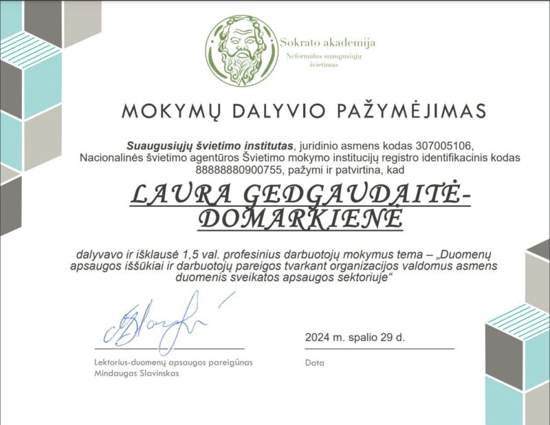 Sokrato akademija. Laura Domarkienė. Asmens duomenų sauga. Mokymų dalyvio pažymėjimas