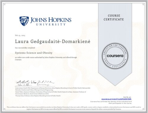 Coursera Johns Hopkins University Laura Domarkienė Course Certificate